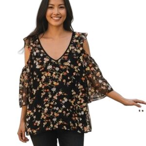 Pleione Black Floral Cold Shoulder Blouse